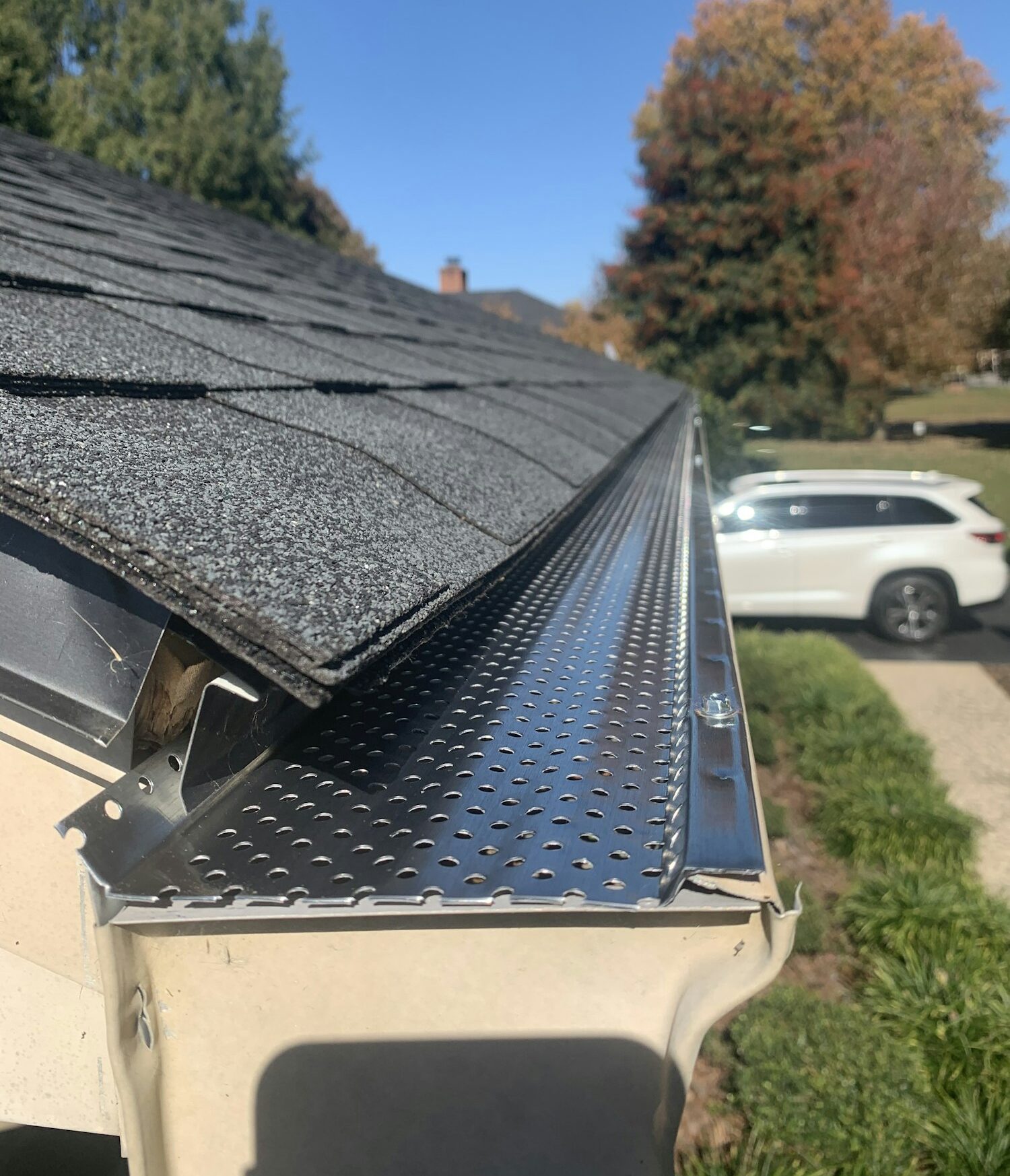 Roof of a house showing gutter and gutter guard protection against leaves